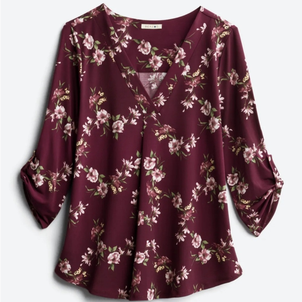 SOLD!  NWOT Beacon Patty Roll Tab Floral Knit Top, Burgundy, Women’s Medium